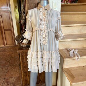 Alessandro Miele Italy Sheer and Satin Ruffled Layers Cream Dress w/Tie